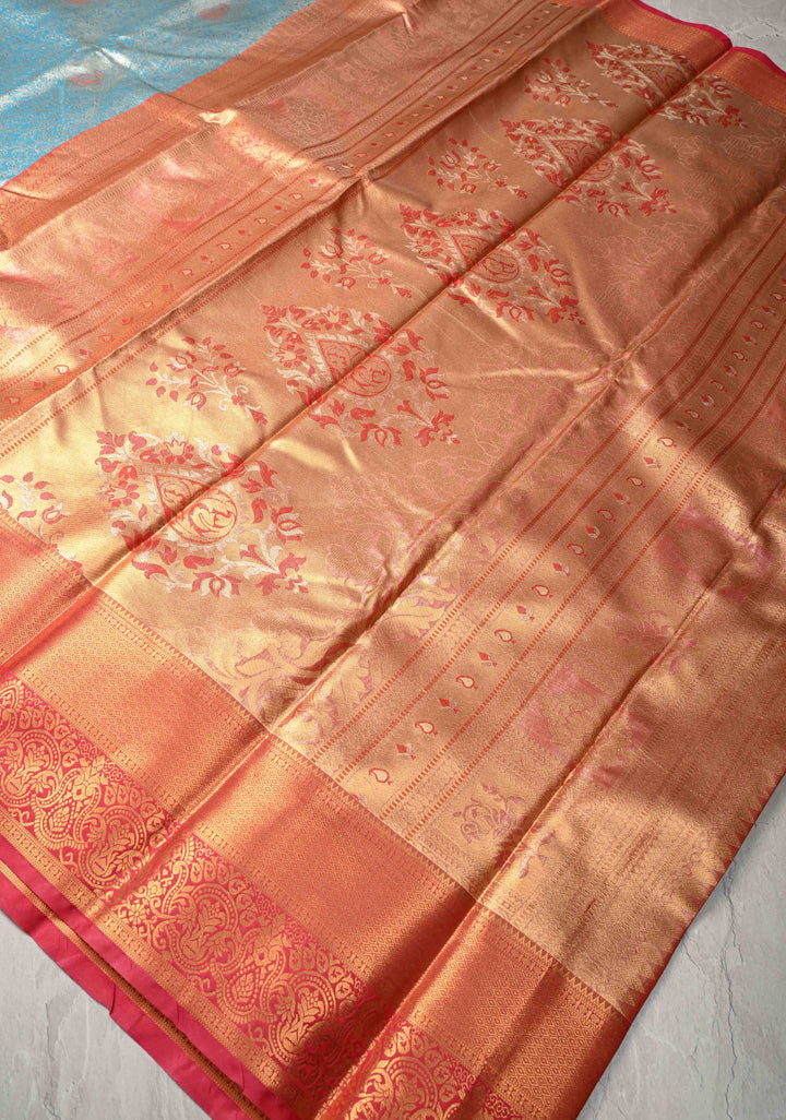 Turquoise Kanjivaram Tissue Semi Silk Saree with Meenakari Brocade and Contrast Zari Border