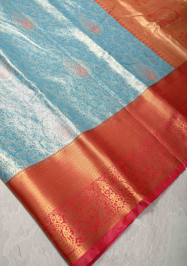 Turquoise Kanjivaram Tissue Semi Silk Saree with Meenakari Brocade and Contrast Zari Border
