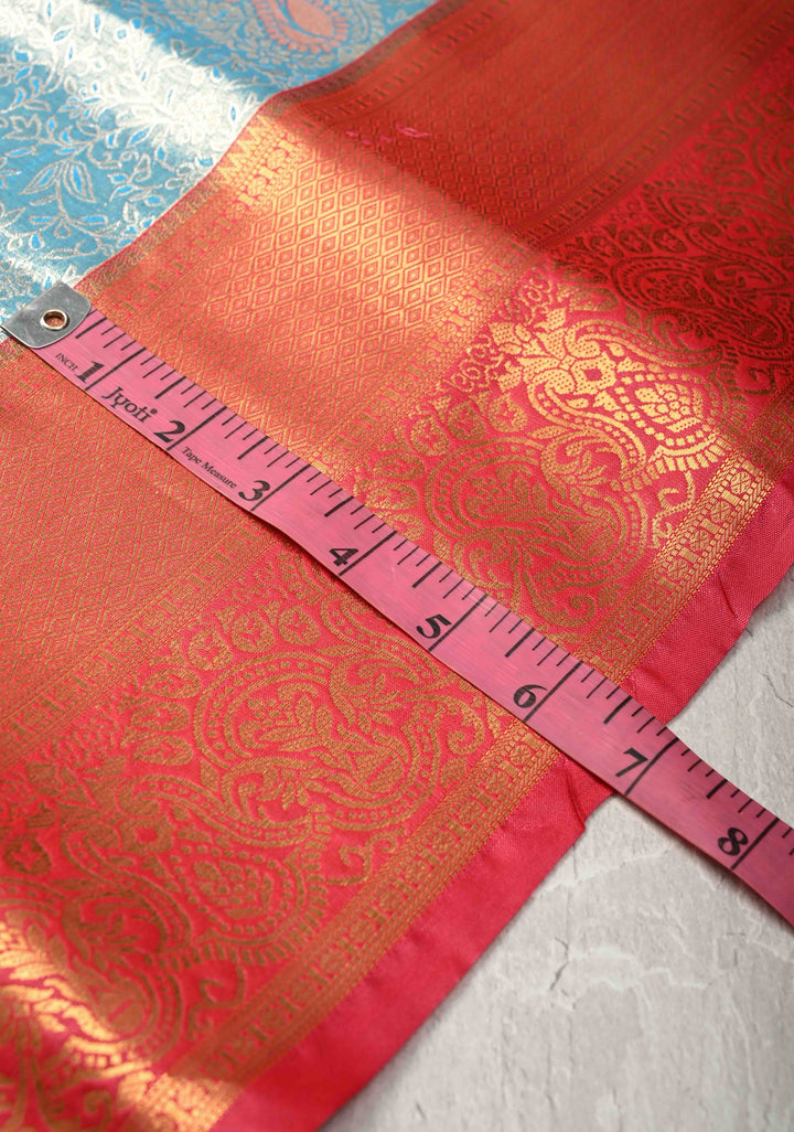 Turquoise Kanjivaram Tissue Semi Silk Saree with Meenakari Brocade and Contrast Zari Border