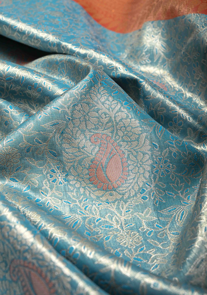 Turquoise Kanjivaram Tissue Semi Silk Saree with Meenakari Brocade and Contrast Zari Border