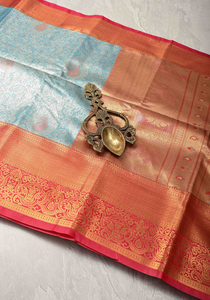 Turquoise Kanjivaram Tissue Semi Silk Saree with Meenakari Brocade and Contrast Zari Border