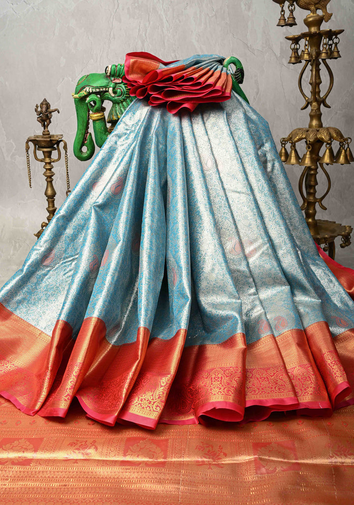 Turquoise Kanjivaram Tissue Semi Silk Saree with Meenakari Brocade and Contrast Zari Border