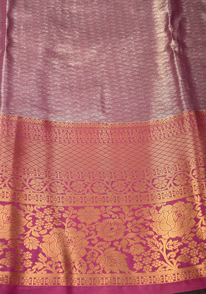 Green Kanjivaram Tissue Semi Silk Saree with Floral Meenakari Brocade Jaal and Contrast Zari Border