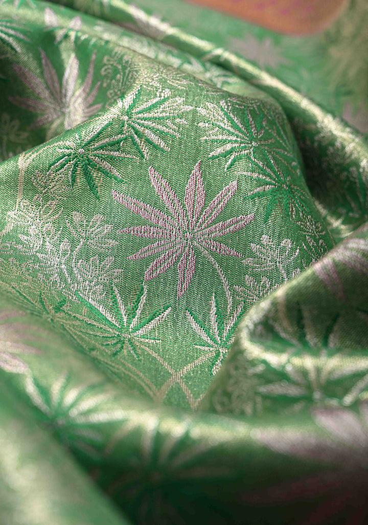 Green Kanjivaram Tissue Semi Silk Saree with Floral Meenakari Brocade Jaal and Contrast Zari Border