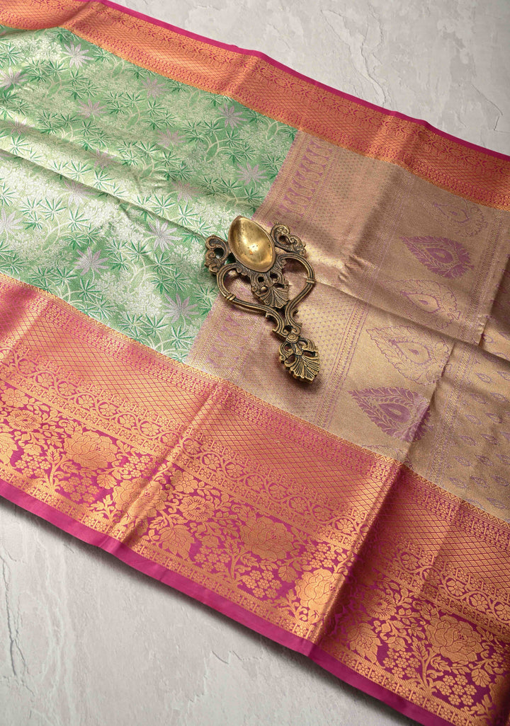 Green Kanjivaram Tissue Semi Silk Saree with Floral Meenakari Brocade Jaal and Contrast Zari Border
