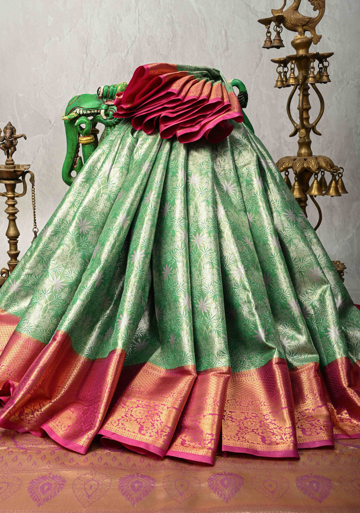 Green Kanjivaram Tissue Semi Silk Saree with Floral Meenakari Brocade Jaal and Contrast Zari Border