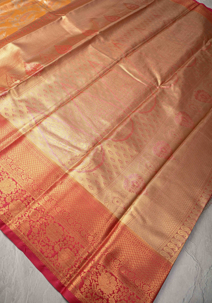 Yellow Kanjivaram Tissue Semi Silk Saree with Meenakari Paisley Brocade Jaal and Contrast Zari Border