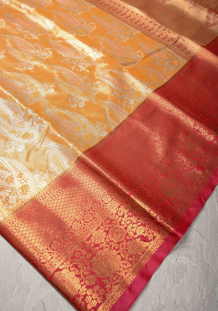 Yellow Kanjivaram Tissue Semi Silk Saree with Meenakari Paisley Brocade Jaal and Contrast Zari Border