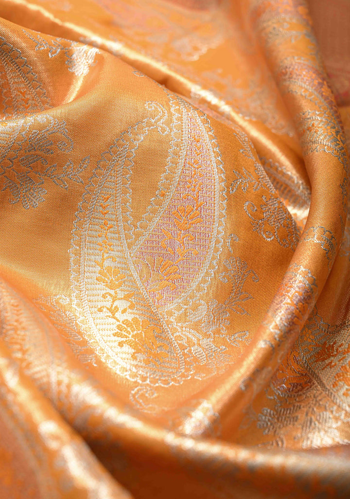 Yellow Kanjivaram Tissue Semi Silk Saree with Meenakari Paisley Brocade Jaal and Contrast Zari Border