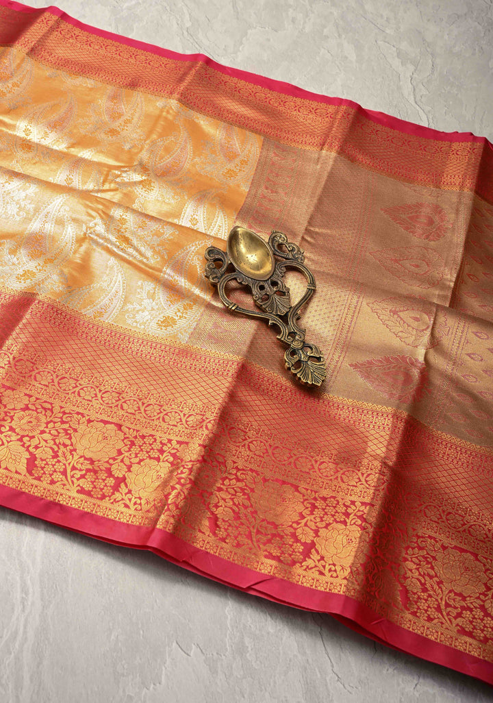 Yellow Kanjivaram Tissue Semi Silk Saree with Meenakari Paisley Brocade Jaal and Contrast Zari Border