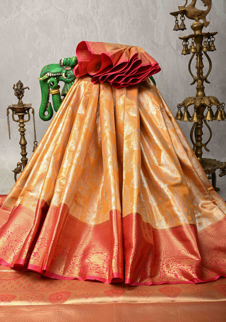 Yellow Kanjivaram Tissue Semi Silk Saree with Meenakari Paisley Brocade Jaal and Contrast Zari Border