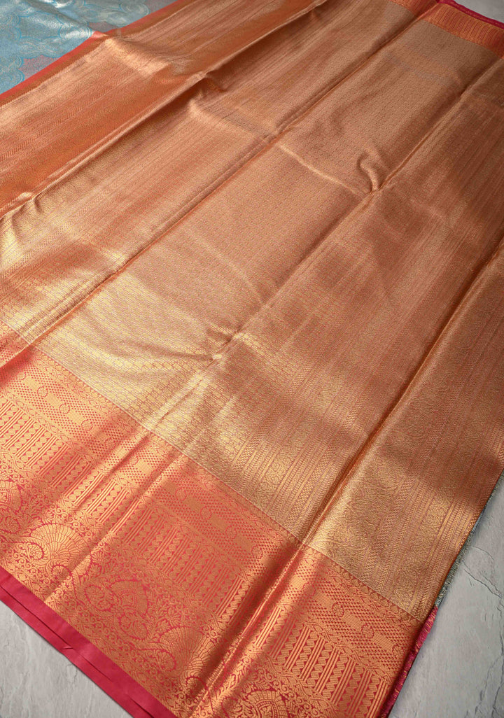 Light Sea Green  Kanjivaram Tissue Semi Silk Saree with Meenakari Brocade and Contrast Zari Border