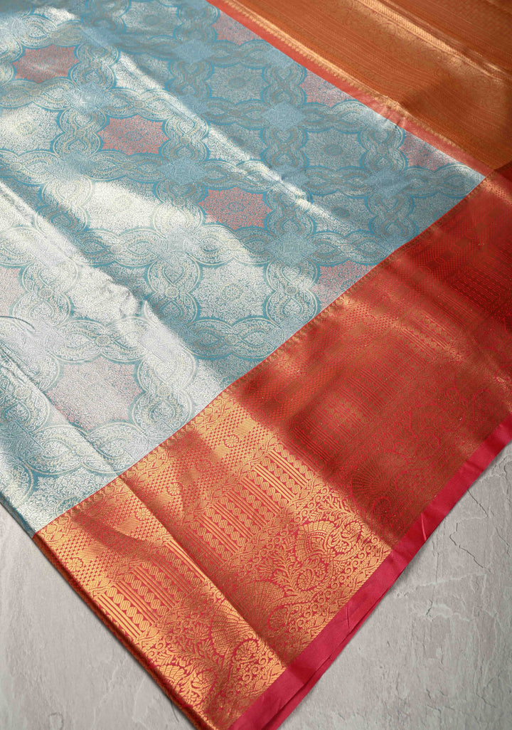 Light Sea Green  Kanjivaram Tissue Semi Silk Saree with Meenakari Brocade and Contrast Zari Border