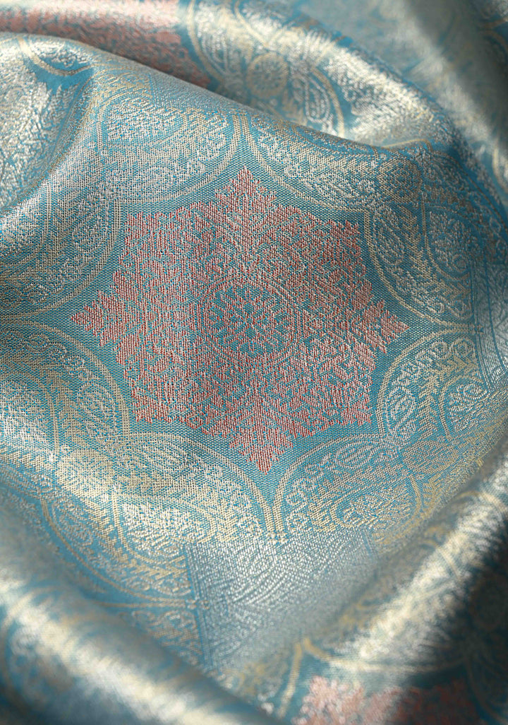 Light Sea Green  Kanjivaram Tissue Semi Silk Saree with Meenakari Brocade and Contrast Zari Border