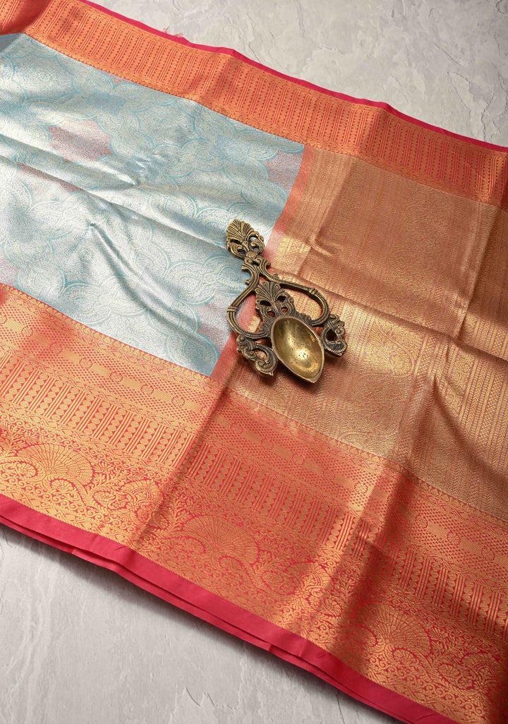 Light Sea Green  Kanjivaram Tissue Semi Silk Saree with Meenakari Brocade and Contrast Zari Border
