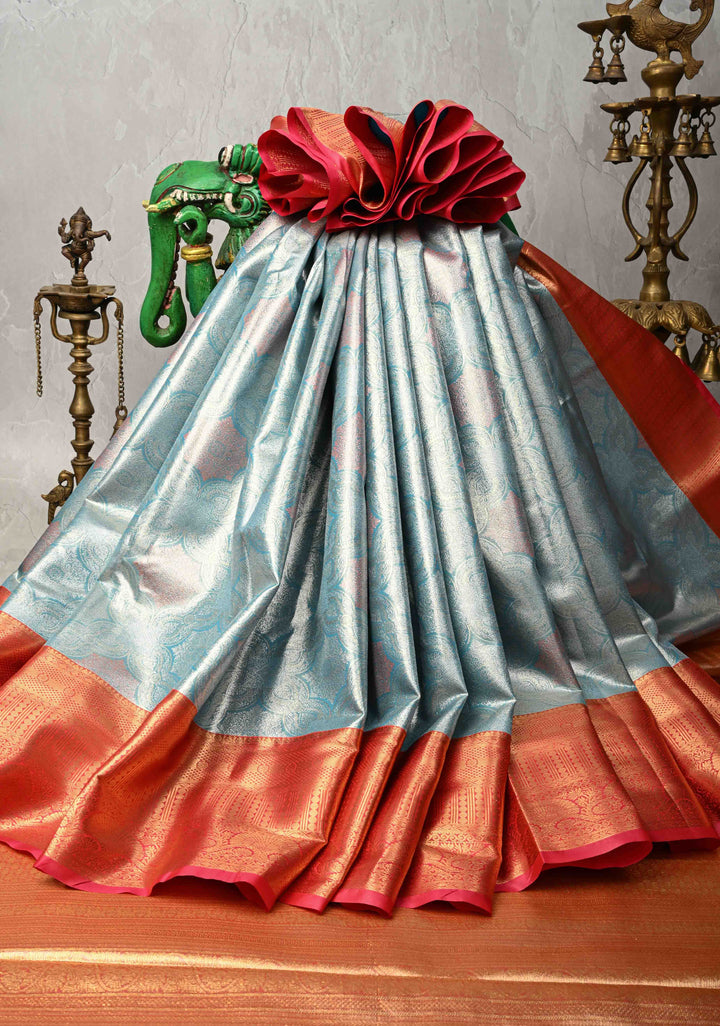 Light Sea Green  Kanjivaram Tissue Semi Silk Saree with Meenakari Brocade and Contrast Zari Border