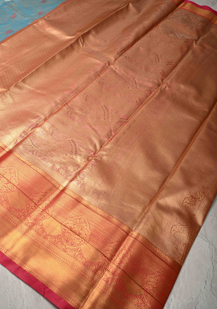 Pastel Cyan Kanjivaram Tissue Semi Silk Saree with Meenakari Floral Brocade Jaal and Contrast Zari Border