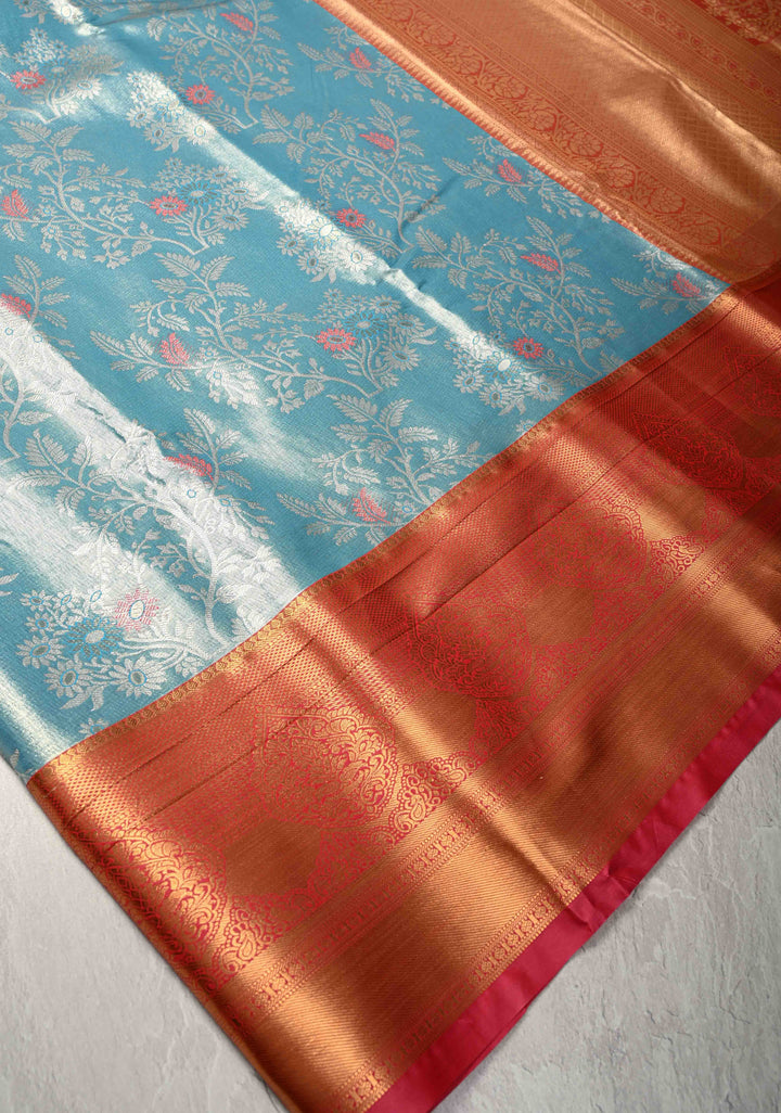 Pastel Cyan Kanjivaram Tissue Semi Silk Saree with Meenakari Floral Brocade Jaal and Contrast Zari Border