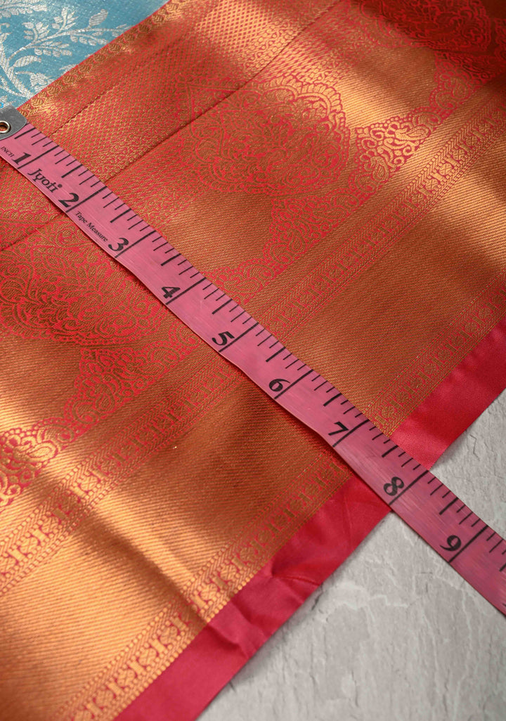 Pastel Cyan Kanjivaram Tissue Semi Silk Saree with Meenakari Floral Brocade Jaal and Contrast Zari Border