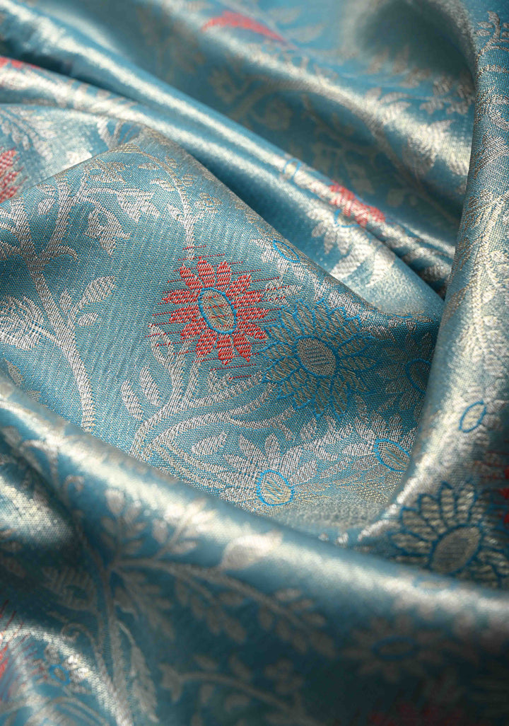 Pastel Cyan Kanjivaram Tissue Semi Silk Saree with Meenakari Floral Brocade Jaal and Contrast Zari Border