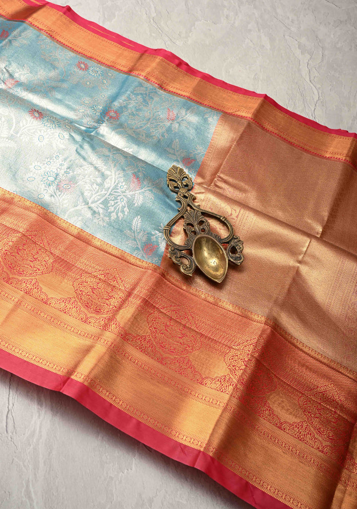 Pastel Cyan Kanjivaram Tissue Semi Silk Saree with Meenakari Floral Brocade Jaal and Contrast Zari Border