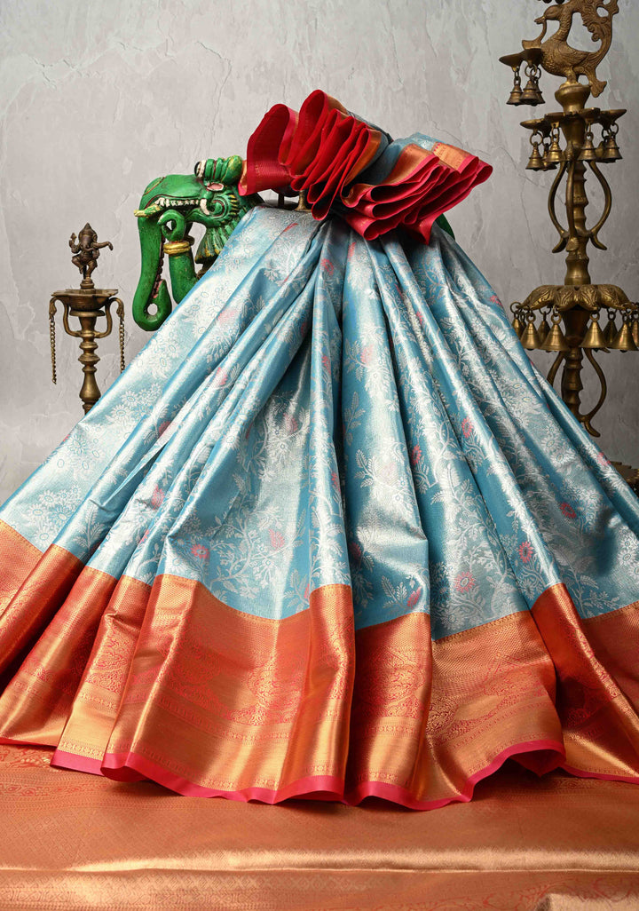 Pastel Cyan Kanjivaram Tissue Semi Silk Saree with Meenakari Floral Brocade Jaal and Contrast Zari Border