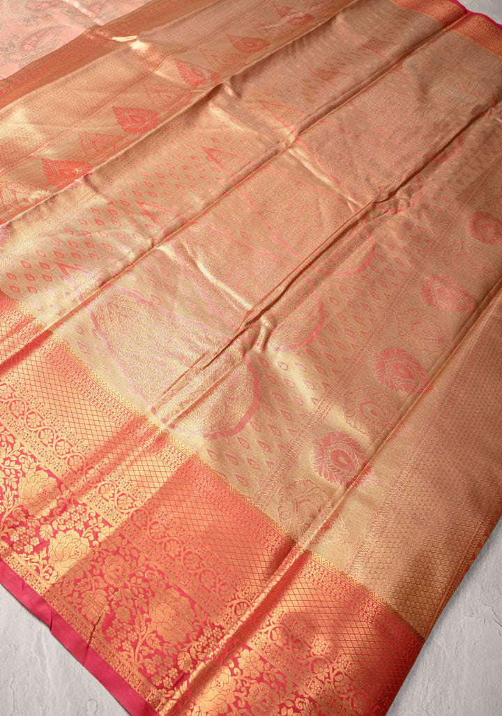 Light Peach Kanjivaram Tissue Semi Silk Saree with Meenakari Brocade and Contrast Zari Border