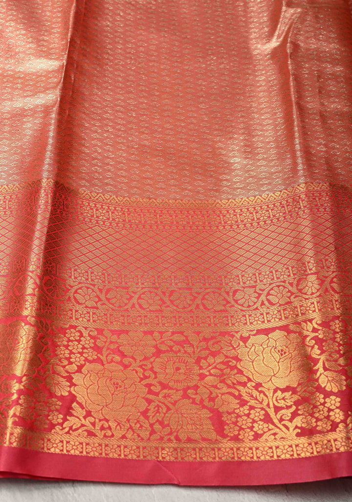 Light Peach Kanjivaram Tissue Semi Silk Saree with Meenakari Brocade and Contrast Zari Border