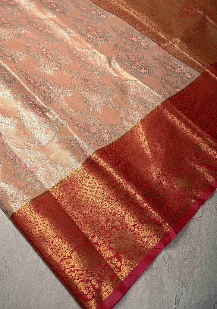 Light Peach Kanjivaram Tissue Semi Silk Saree with Meenakari Brocade and Contrast Zari Border