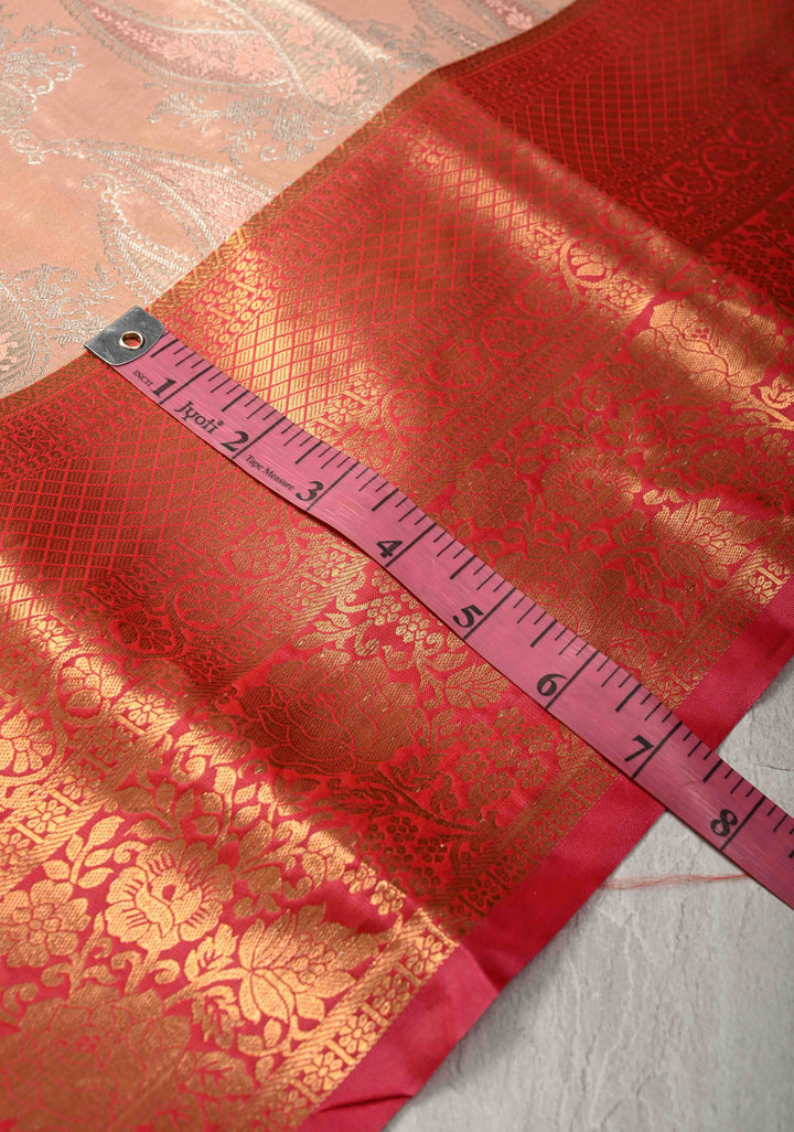Light Peach Kanjivaram Tissue Semi Silk Saree with Meenakari Brocade and Contrast Zari Border