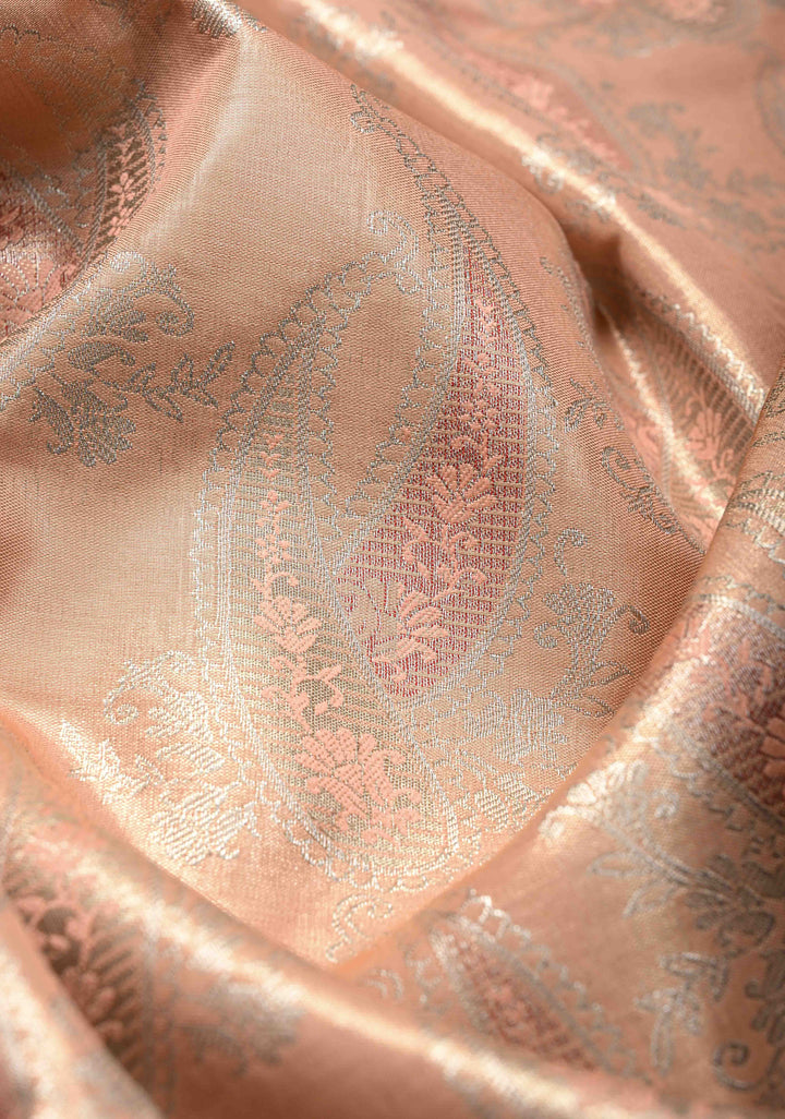 Light Peach Kanjivaram Tissue Semi Silk Saree with Meenakari Brocade and Contrast Zari Border