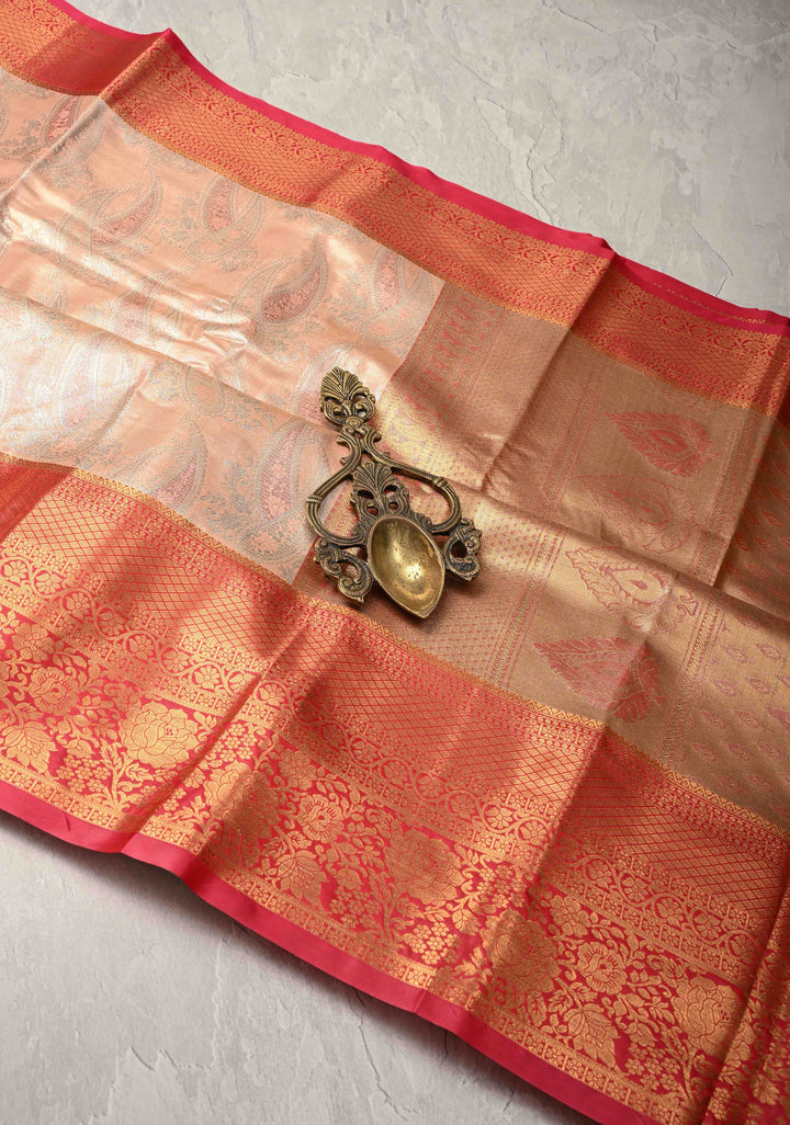 Light Peach Kanjivaram Tissue Semi Silk Saree with Meenakari Brocade and Contrast Zari Border