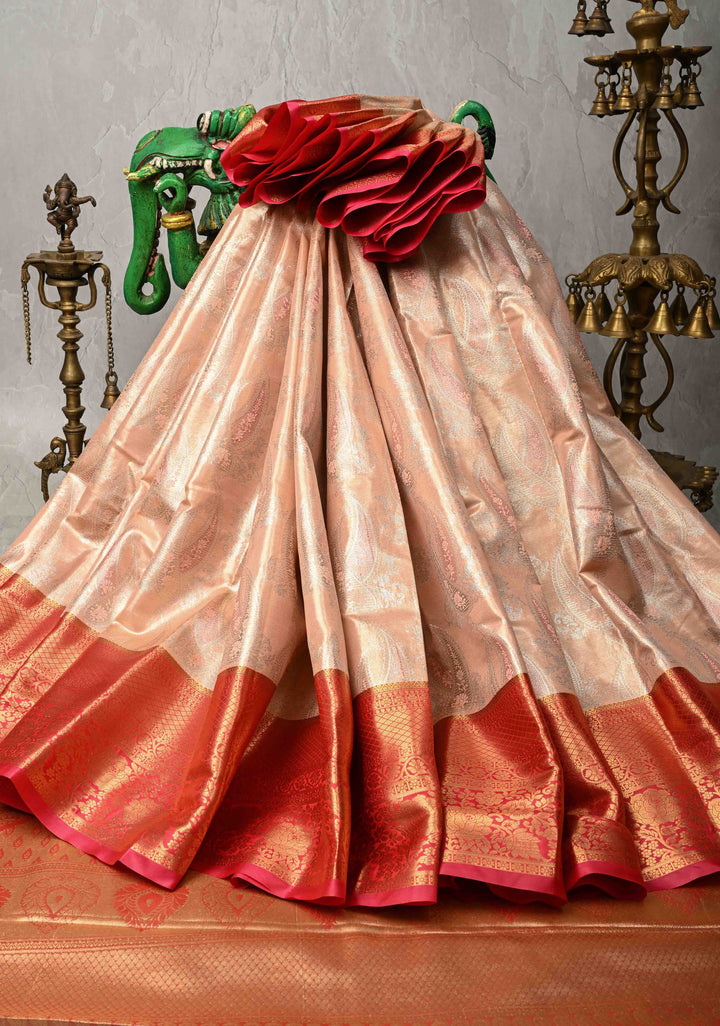 Light Peach Kanjivaram Tissue Semi Silk Saree with Meenakari Brocade and Contrast Zari Border