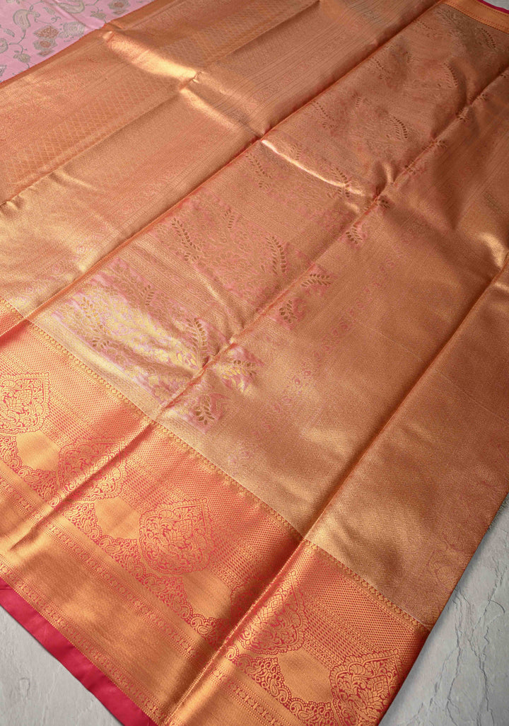 Light Pink Kanjivaram Tissue Semi Silk Saree with Meenakari Brocade and Contrast Zari Border