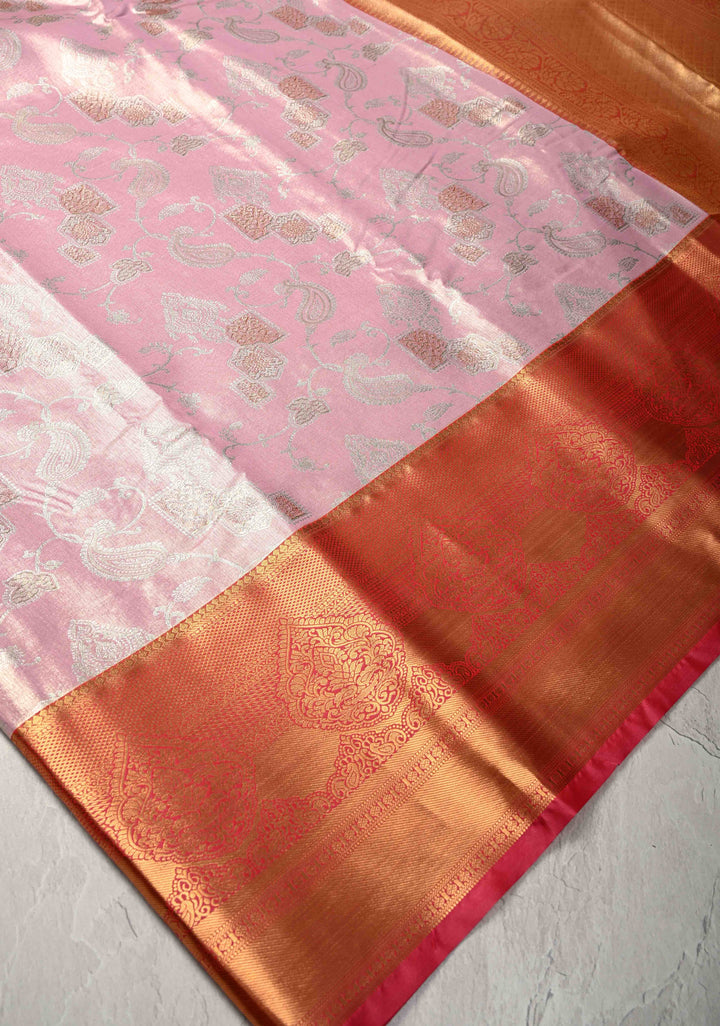Light Pink Kanjivaram Tissue Semi Silk Saree with Meenakari Brocade and Contrast Zari Border