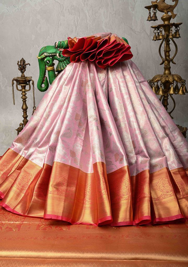 Light Pink Kanjivaram Tissue Semi Silk Saree with Meenakari Brocade and Contrast Zari Border