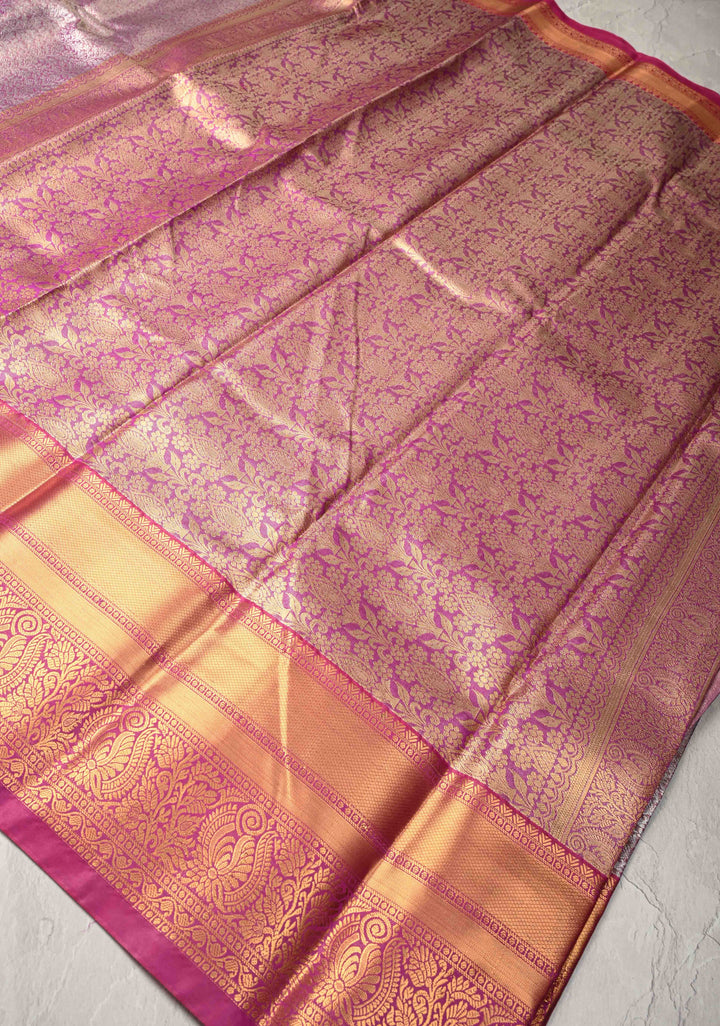 Purple Kanjivaram Tissue Semi Silk Saree with Brocade Jaal and Contrast Zari Border