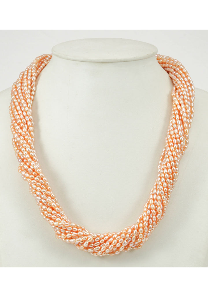 16 Strand Pink Rice Pearl Necklace and Earrings Set