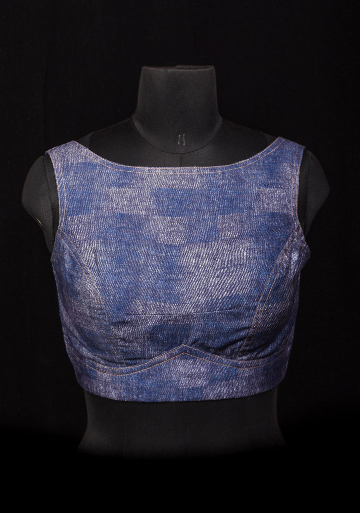 Denim Cotton Boat neck Sleeveless Blouse with Wooden Buttons, Customizable, Made To Order
