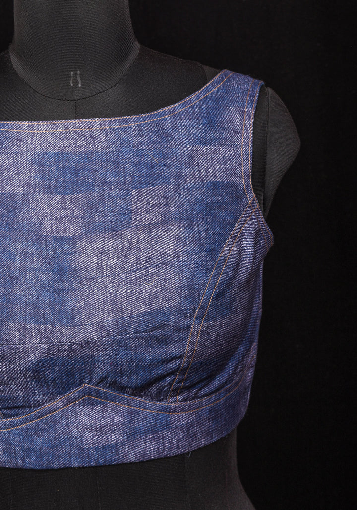 Denim Cotton Boat neck Sleeveless Blouse with Wooden Buttons, Customizable, Made To Order