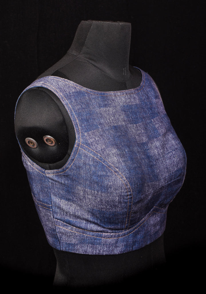 Denim Cotton Boat neck Sleeveless Blouse with Wooden Buttons, Customizable, Made To Order