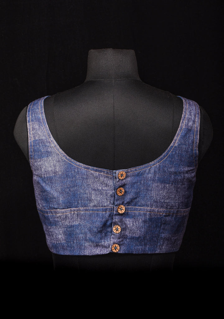 Denim Cotton Boat neck Sleeveless Blouse with Wooden Buttons, Customizable, Made To Order