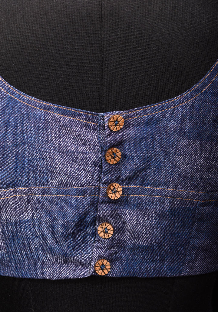 Denim Cotton Boat neck Sleeveless Blouse with Wooden Buttons, Customizable, Made To Order