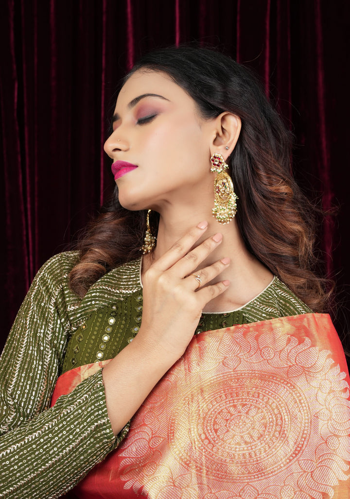 3" Chandbali Earrings with Peacock and flower embedded in Jadau technique and dangling beads