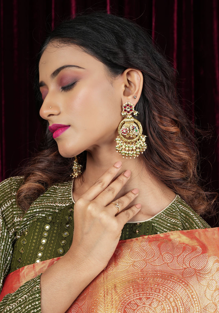 3" Chandbali Earrings with Peacock and flower embedded in Jadau technique and dangling beads