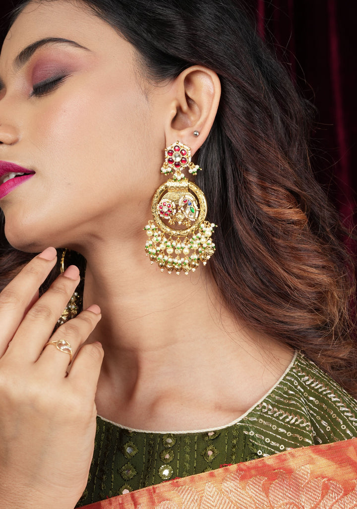 3" Chandbali Earrings with Peacock and flower embedded in Jadau technique and dangling beads
