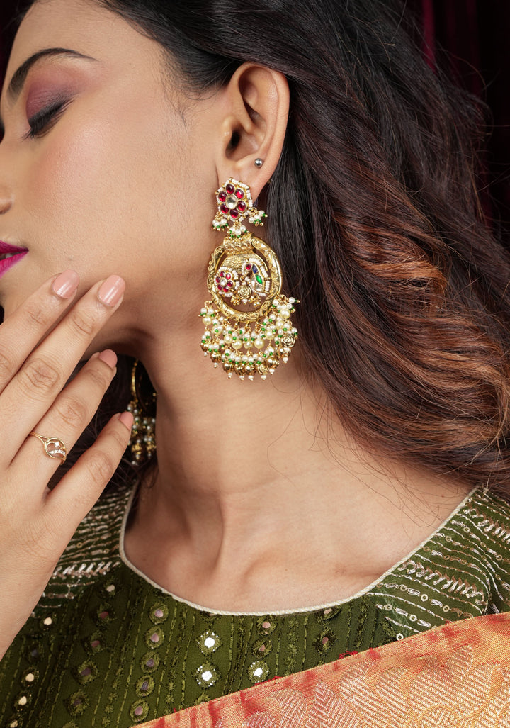 3" Chandbali Earrings with Peacock and flower embedded in Jadau technique and dangling beads
