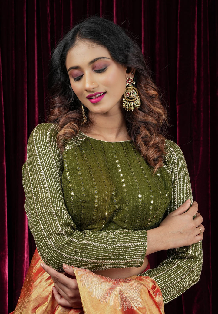 Henna Green chinon raglan three quarter sleeve foil mirror work blouse,  Made to Order