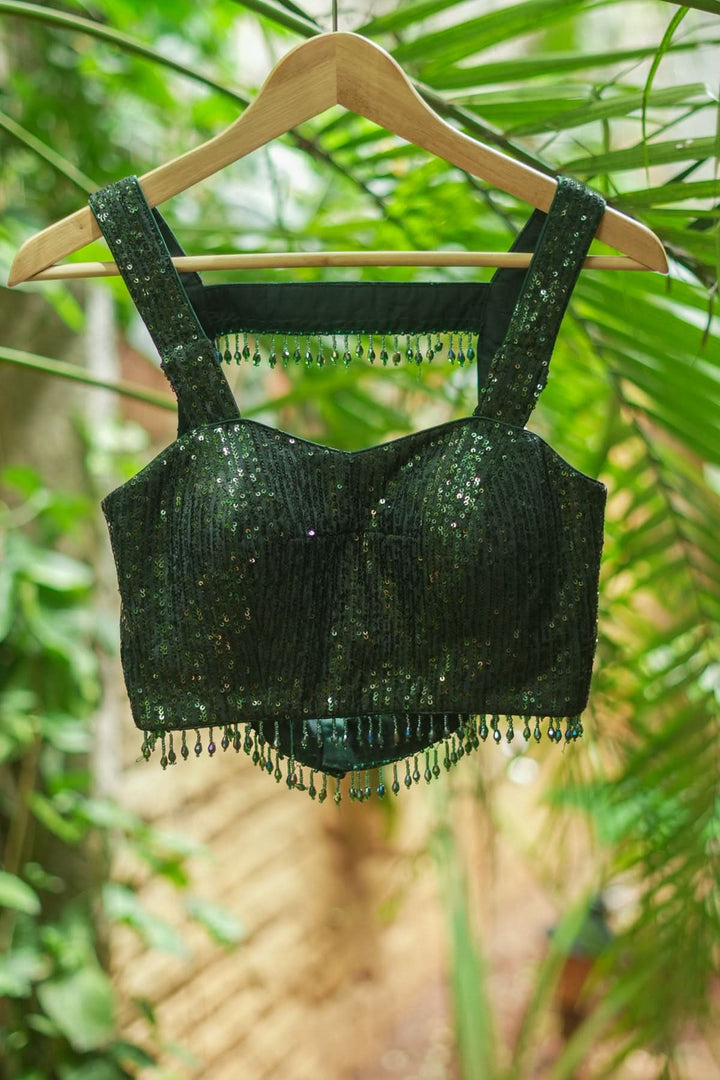 Sequin Sweetheart neck Blouse with crystal beads detailing in Bottle Green