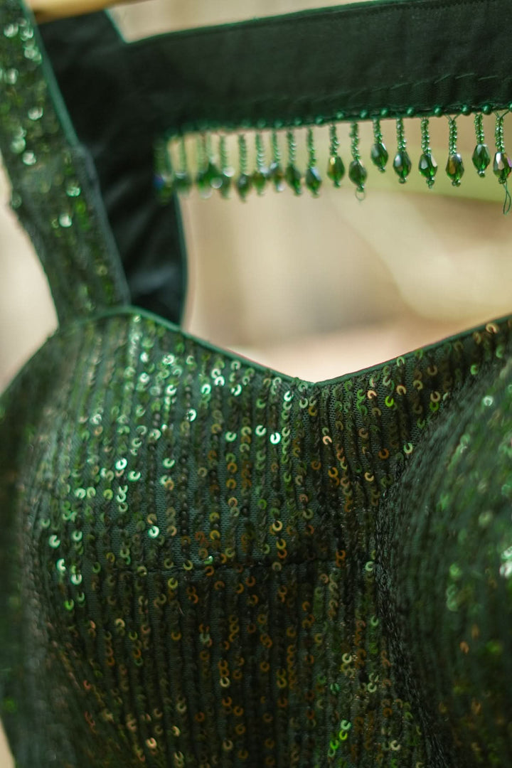 Sequin Sweetheart neck Blouse with crystal beads detailing in Bottle Green